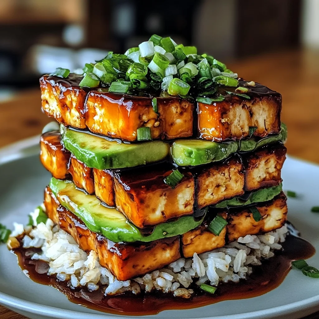 Crispy Teriyaki Tofu and Avocado Rice Stack