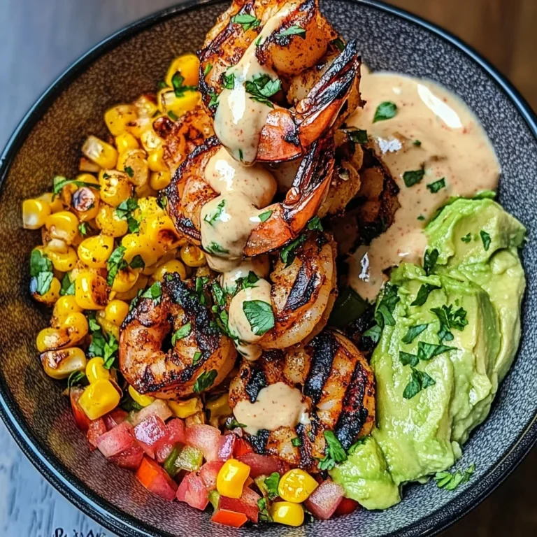 Grilled Shrimp Bowl with Avocado, Corn Salsa & Creamy Sauce