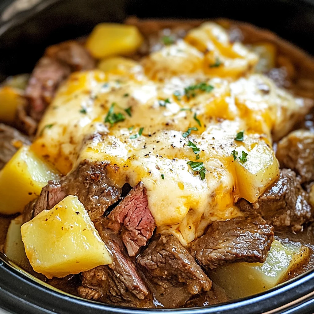 Slow Cooker Steak and Cheddar Potato Casserole
