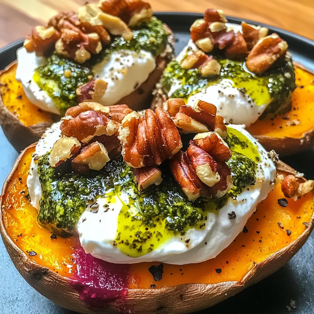 Stuffed Sweet Potatoes with Burrata, Toasted Walnuts & Sage Pesto