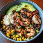 Grilled Shrimp Bowl with Avocado, Corn Salsa & Creamy Garlic Sauce