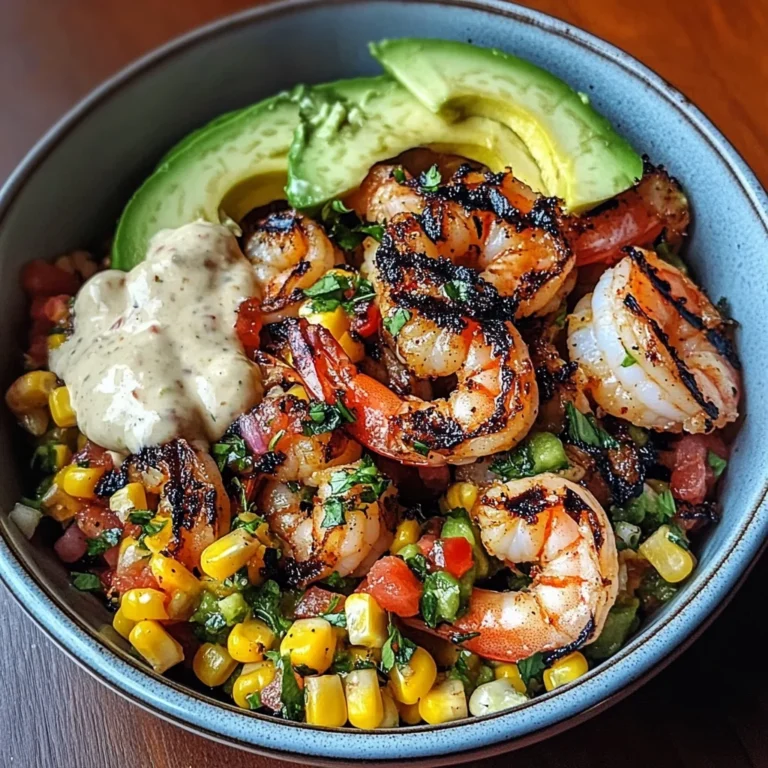 Grilled Shrimp Bowl with Avocado, Corn Salsa & Creamy Garlic Sauce