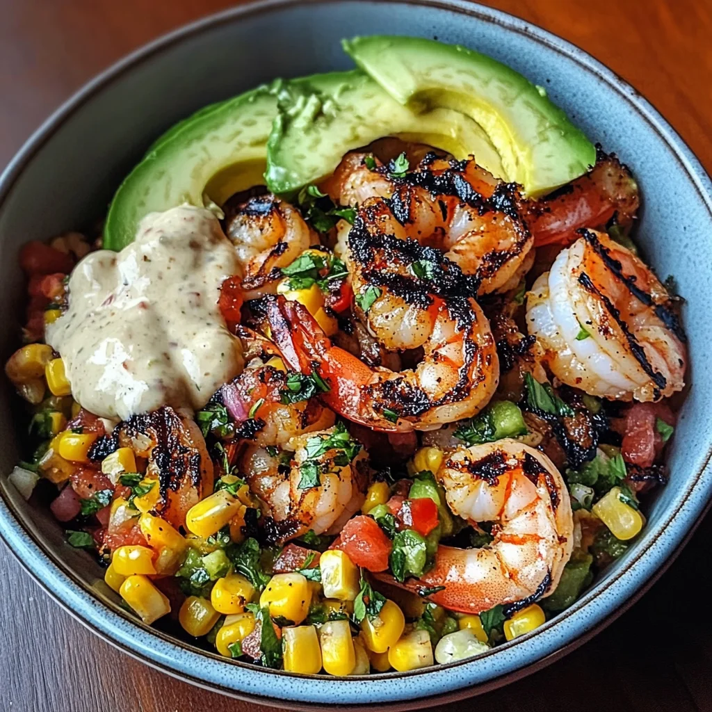 Grilled Shrimp Bowl with Avocado, Corn Salsa & Creamy Garlic Sauce