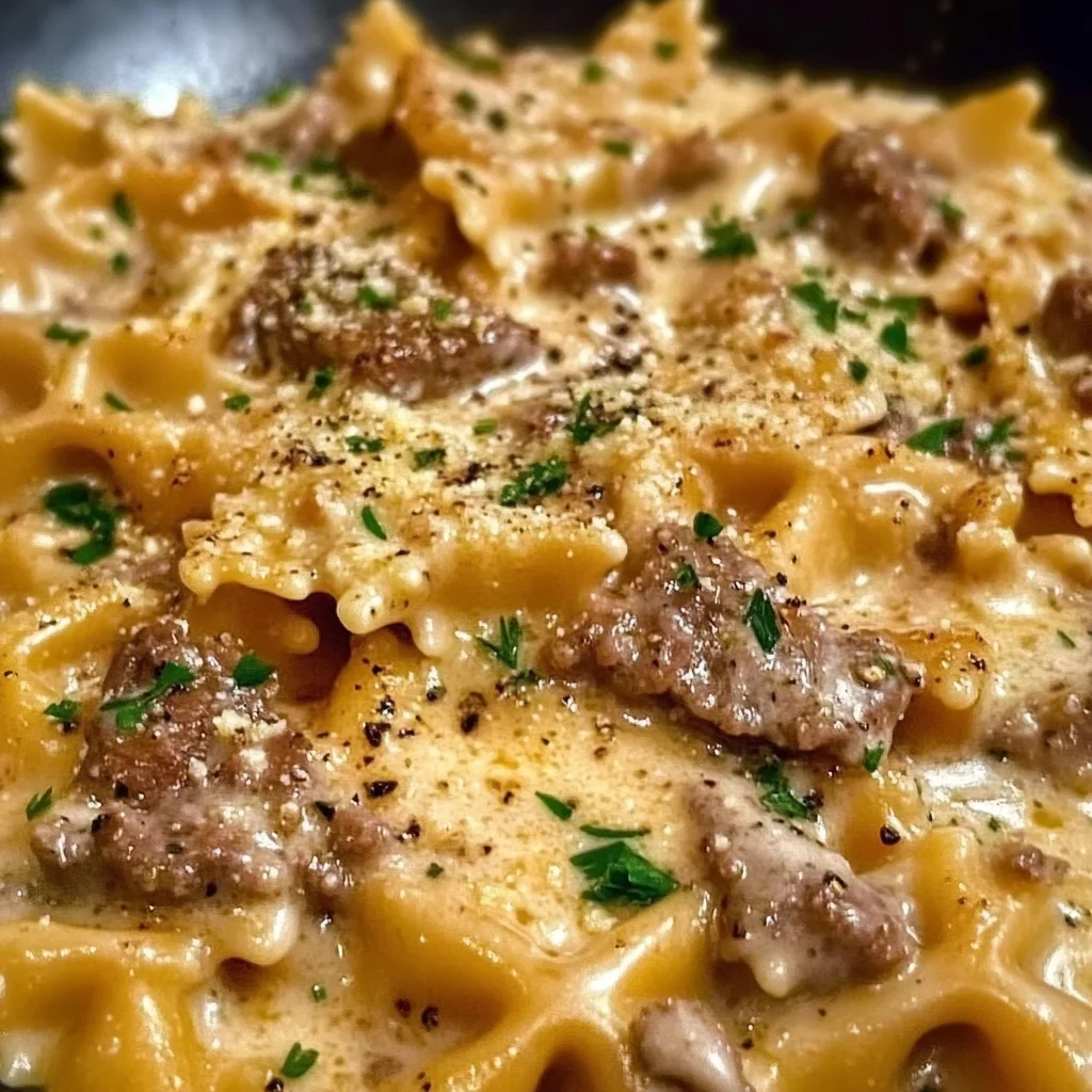 Creamy Parmesan Garlic Beef Bowtie Pasta