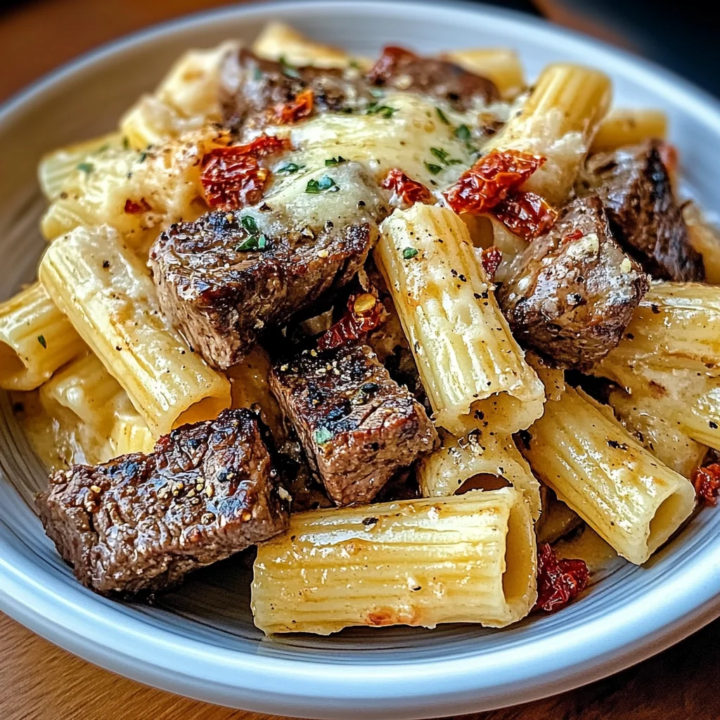 Garlic Butter Steak Tips with Cheesy Rigatoni